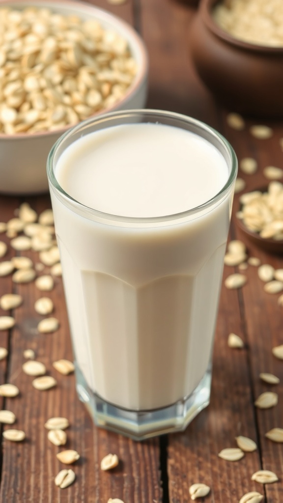 A glass of homemade oat milk with rolled oats on a wooden table.
